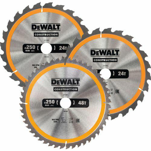 DEWALT DT1963-QZ - Juego de 3 Sierra Circular Estacionarias de 250 mm, Agujero de Eje de 30 mm, 2 discos de 24 y 1 disco de 48 Dientes, Máx RPM 5500, Herramientas Resistentes a Clavos y Duraderas