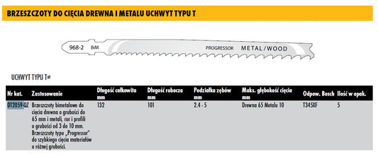 DeWalt DT2059-QZ - Hoja de sierra bi-metal, longitud de 132 mm, paso de diente de 2,4-5, para cortes en madera de hasta 65 mm de espesor, metales, tubos y perfiles de 3 mm a 10 mm
