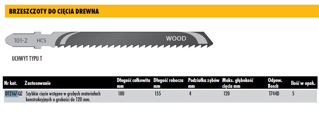 DeWalt DT2167-QZ DT2167-QZ-Hoja de Sierra de calar HCS, Longitud: 180mm, Paso de Diente: 4mm, para Cortes Gruesos y rápidos en Madera de construcción de hasta 120mm de Espesor, 0 W, 0 V