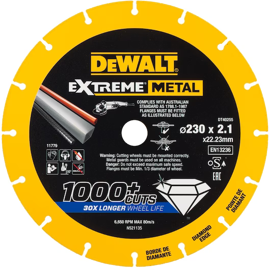 DEWALT DT40255-QZ DT40255-QZ-Disco de Corte con Borde diamantado Extreme Metal 230x2.1x22.3 mm, Amarillo/Negro