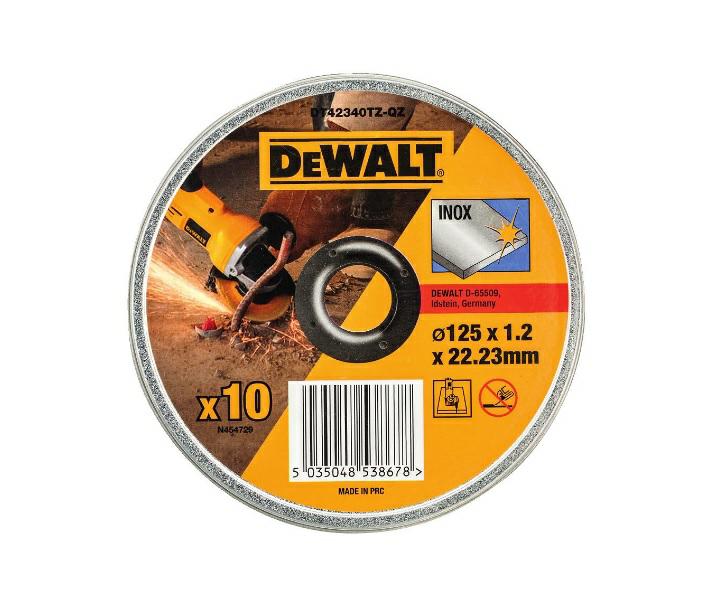 DEWALT - Lata com 10 discos de corte de alto desempeño para acero inox 125 x 1.2 x 22.23mm , DT42340TZ-QZ