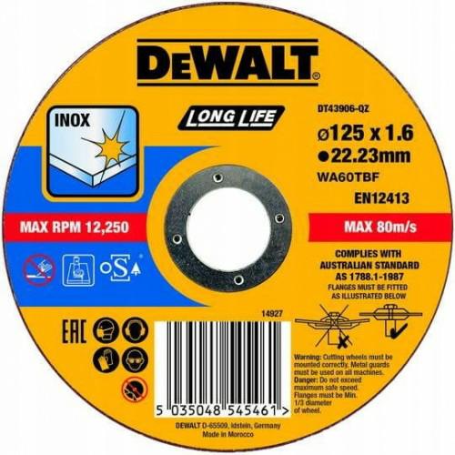 DeWalt DISCO DE CORTE DT43906-QZ EXTREME DE ACERO INOXIDABLE, PLANO, 125 mm, 1,6 mm, 1 pieza