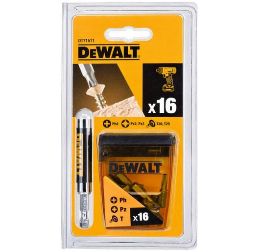 DeWalt DT71511-QZ DT71511-QZ-Juego de 16 Piezas guía telescópica magnética compacta x1, Puntas de atornillar de 25mm: Ph2, Pz2 x6, Pz3 x3, T20, T25 x2, Único
