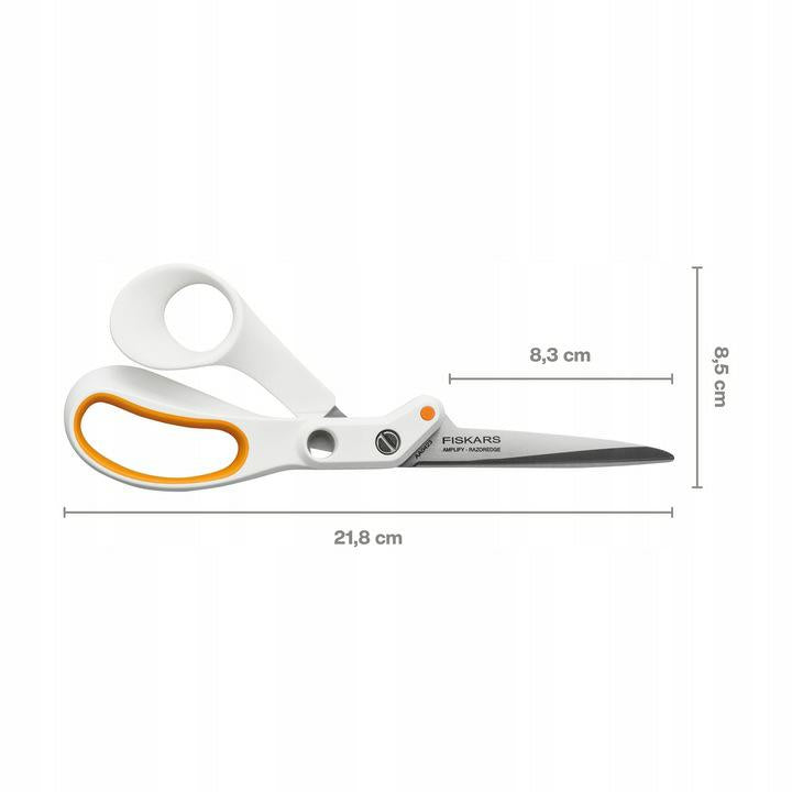 Fiskars Tijeras de sastre Razor Edge, Longitud: 21 cm, Hoja de acero inoxidable/Mangos de plástico, Blanco/Naranja, Amplify, 1070081