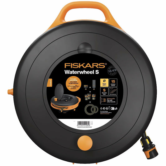 Fiskars Comfort Carro portamanguera Waterwheel S, Set de riego todo incluido, Alcance 15 m, Bobinado automático, Manguera de jardín de tamaño universal (Ø 13 mm), conector de grifo universal, 1071660