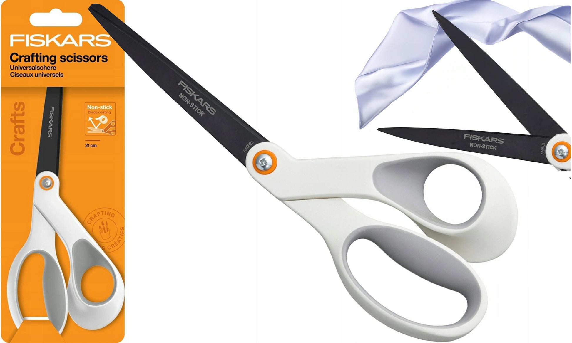 Fiskars Tijeras de manualidades antiadherentes, Longitud: 21 cm, Hoja de acero inoxidable/Mangos de plástico, Blanco, 1070026