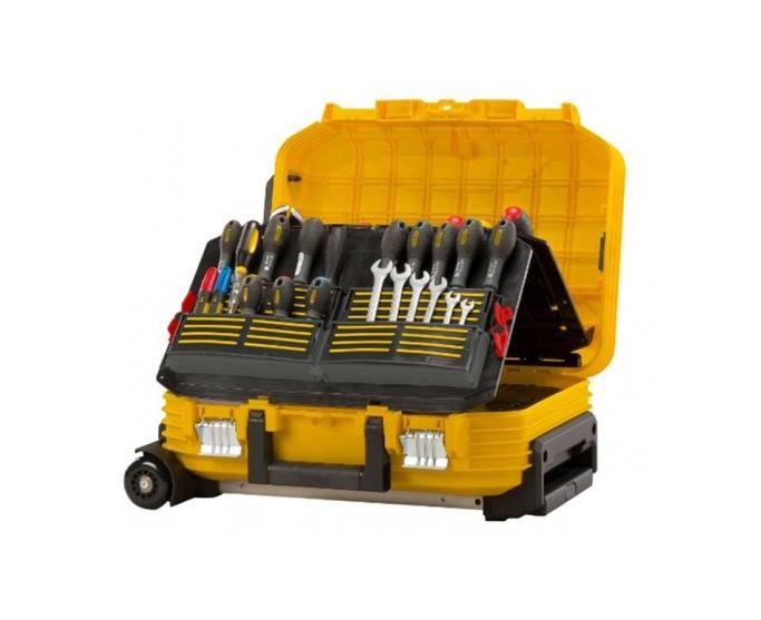 Stanley FMST1-75530-Maletín de herramientas con ruedas, reforzado con fibra de vidrio, estructura de acordeón, empuñadura telescópica con cubierta de goma. Incluye juego de herramientas de 104 piezas.
