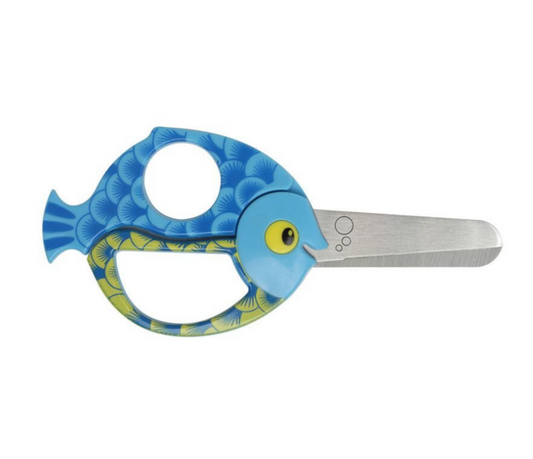 Fiskars Tijeras de animales para niños con motivos de peces, A partir de 4 años, Longitud: 13 cm, para diestros y zurdos, Hoja de acero inoxidable/Mangos de plástico, Azul, 1003746