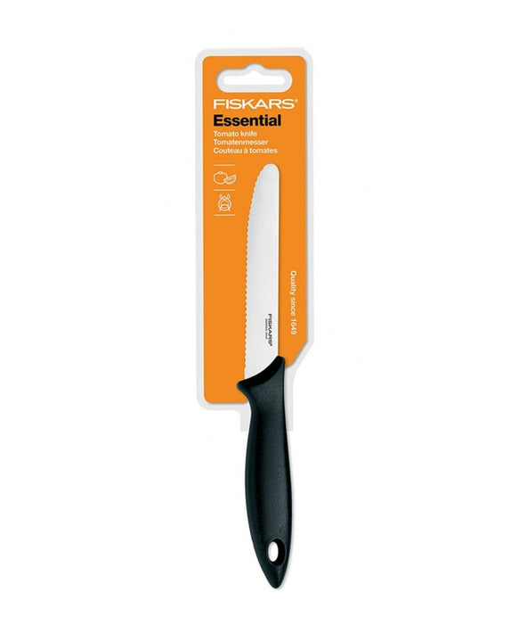 Fiskars Cuchillo para tomates, Longitud total: 23 cm, Acero inoxidable / Plástico PP, Negro, Essential, 1023779