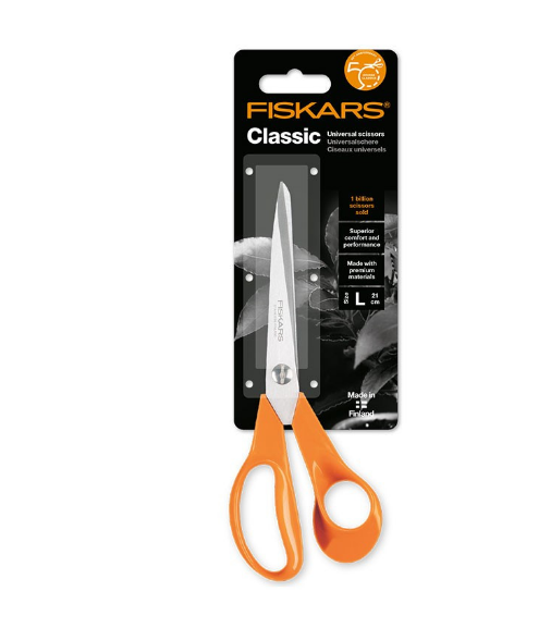 Fiskars Tijeras de jardinería universales Classic, Para Diestros, Longitud total: 21 cm, Tornillo Torx mejorado y mango más ergonómico, Acero/Plástico, Naranja, 1075033
