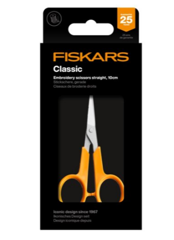 Fiskars Tijeras de costura Classic, Cuchillas curvadas, Diestros y zurdos, Longitud total: 10 cm, Ergonomía del mango mejorada, Hoja de acero inoxidable/Mangos de plástico, Naranja, 1075059