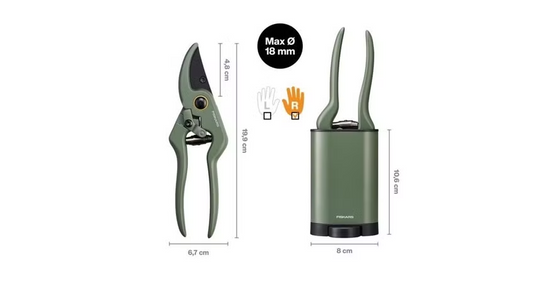Tijeras para plantas / flores Fiskars con soporte, Urban Plant Care, para plantas de interior, longitud total 19,9 cm, acero inoxidable/aluminio/plástico, verde oscuro/negro, 1075314
