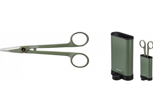 Fiskars Pequeña Tijera para Plantas con Soporte, Urban Plant Care, Para cortes finos en plantas de interior, Longitud Total: 17 cm, Acero Inoxidable/Plástico, Color: Verde Oscuro/Negro, 1075315