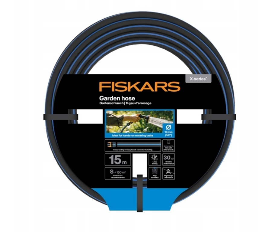 Fiskars Manguera de Jardín S, Serie X, Manguera de Agua para Riego Manual, 13 mm (1/2"), Longitud: 15 m, Conexión universal, Resistente a Rayos UV, Heladas y Torsiones, Azul, 1076044