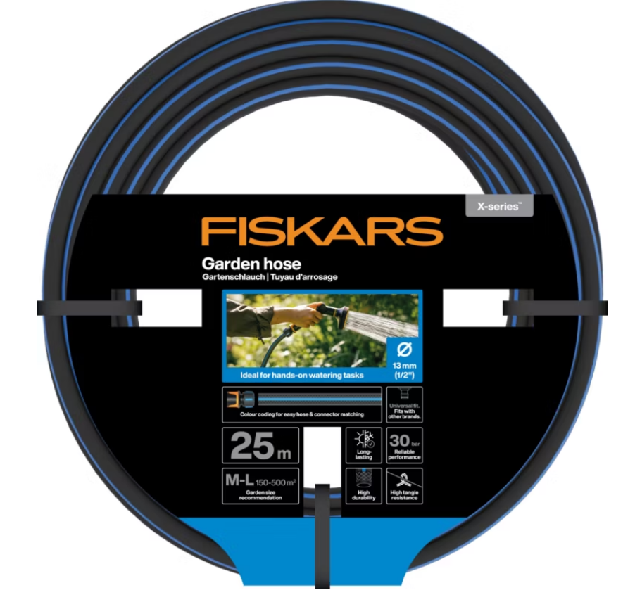Fiskars Manguera de Jardín M-L, Serie X, Manguera de Agua para Riego Manual, 13 mm (1/2"), Longitud: 25 m, Conexión universal, Resistente a Rayos UV, Heladas y Torsiones, Azul, 1076045