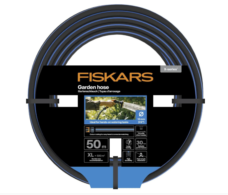 Fiskars Manguera de Jardín XL, Serie X, Manguera de Agua para Riego Manual, 13 mm (1/2"), Longitud: 50 m, Conexión Universal, Resistente a Rayos UV, Heladas y Torsiones, Azul, 1076046
