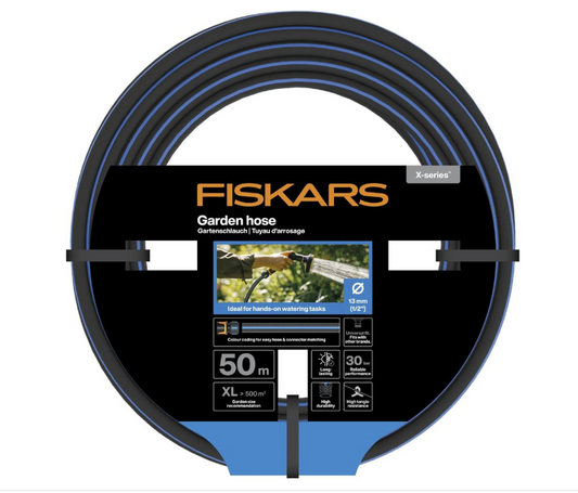 Fiskars Manguera de Jardín XL, Serie X, Manguera de Agua para Riego Manual, 13 mm (1/2"), Longitud: 50 m, Conexión Universal, Resistente a Rayos UV, Heladas y Torsiones, Azul, 1076046
