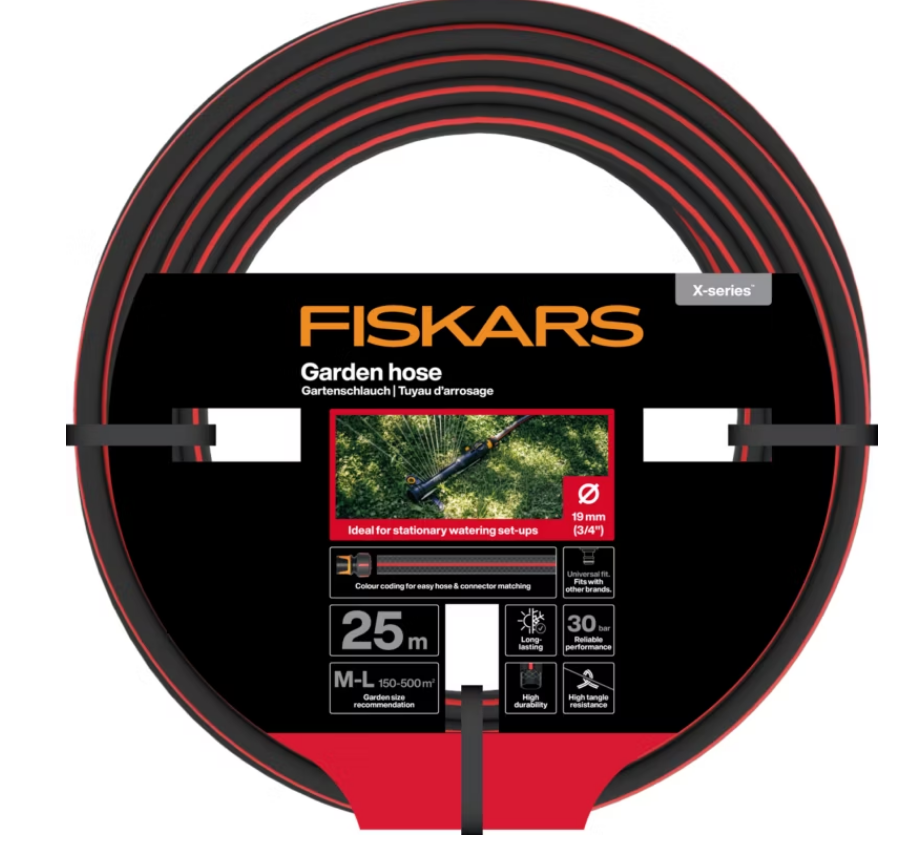 Fiskars Manguera de Jardín M-L, serie X, Manguera de Agua para Sistemas de Riego, 19 mm (3/4"), Longitud: 25 m, Conexión universal, Resistente a Rayos UV, Heladas y Torsionesroja, Rojo, 1076047