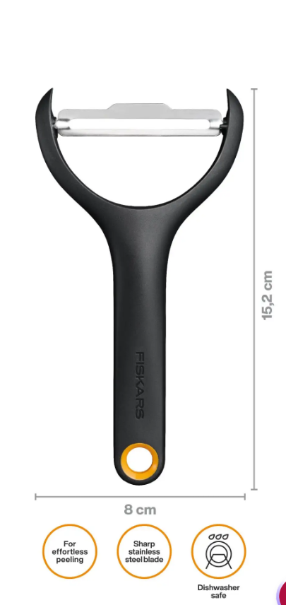 Fiskars Functional Form Pelador de verduras, Pelador en Y para zanahorias y pepinos, Cuchilla giratoria, Mango ergonómico, Hoja de acero inoxidable/Mango de plástico, Negro/Naranja, 1079908