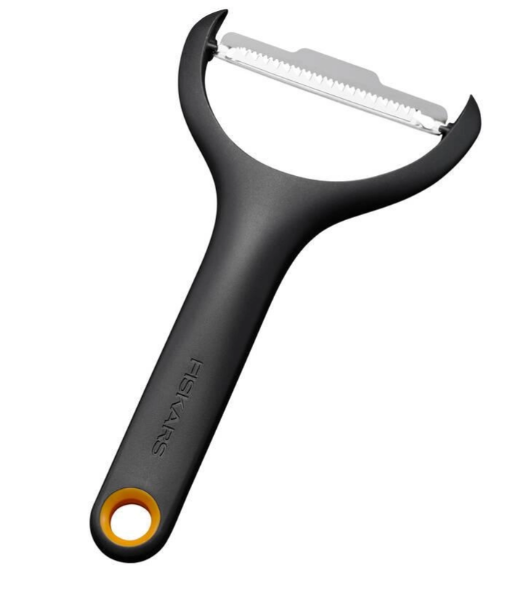 Fiskars Functional Form Pelador para juliana, Pelador en Y para tiras finas de verduras, Cuchilla giratoria, Hoja de acero inoxidable/Mango de plástico, Negro/Naranja, 1079909