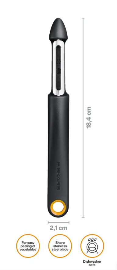 Fiskars Functional Form Pelador con cuchilla móvil, Pelador universal para frutas y verduras, Punta afilada, Cuchilla de acero inoxidable/Mango de plástico, Negro/Naranja, 1079960