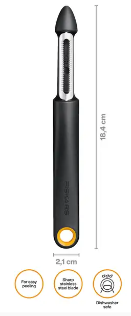 Fiskars Functional Form Pelador de frutas con cuchilla móvil, Pelador especial para tomates y kiwis, Cuchilla dentada, Hoja de acero inoxidable/Mango de plástico, Negro/Naranja, 1079961