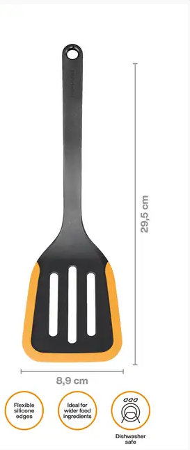 Fiskars Functional Form Espátula, Espátula flexible para tortilla, tortitas y crêpes, Soporte integrado, Resistente al calor hasta 220 °C, Longitud 29,5 cm, Plástico/Silicona, Negro/Naranja, 1079964