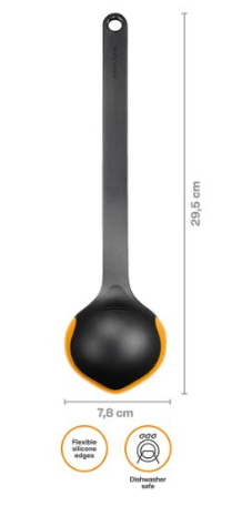 Fiskars Functional Form Cucharón de cocina, Cazo con bordes de silicona y escala de medición, Resistente al calor, Longitud 36,2 cm, Plástico/Silicona, Negro/Naranja, 1079965