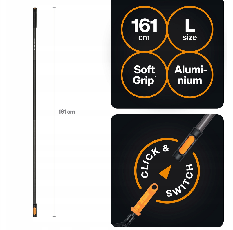 Fiskars OneClick Mango L, Mango universal para herramientas de jardín, Cambio sin esfuerzo con un solo clic, Adaptador QuikFit disponible por separado, 161 cm, Aluminio ligero, Negro/Naranja, 1080547