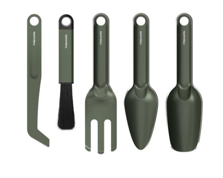 Fiskars Urban Plant Care Set de Herramientas de jardinería, 5 Piezas, Kit Todo en uno para Plantas de Interior, Diseño Compacto, Acero Inoxidable con Revestimiento pulverizado, Verde Oliva, 1080778