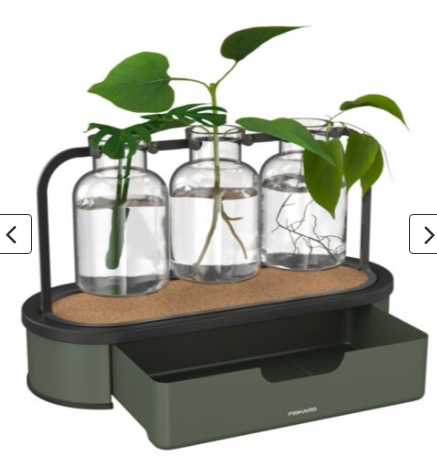 Fiskars Urban Plant Care Estación de Cultivo, para hasta 3 esquejes, 3 Recipientes de Vidrio y Soporte metálico con Base de Almacenamiento, Verde Oliva, 1080912