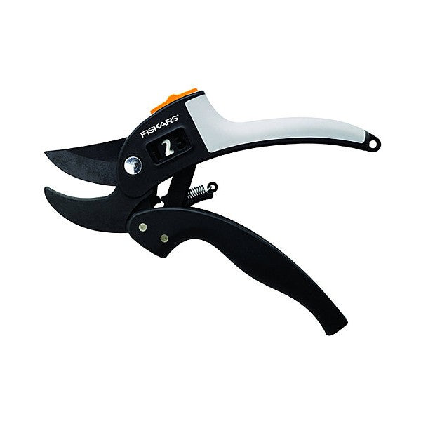 Fiskars Tijeras de podar con yunque para madera seca y dura, Diámetro de corte: 2,4 cm, Cuchillas de acero con cubierta antiadherente, Longitud: 19 cm, Negro/Naranja, PowerStep, P83, 1000575