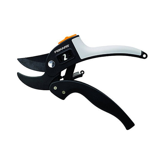 Fiskars Tijeras de podar con yunque para madera seca y dura, Diámetro de corte: 2,4 cm, Cuchillas de acero con cubierta antiadherente, Longitud: 19 cm, Negro/Naranja, PowerStep, P83, 1000575