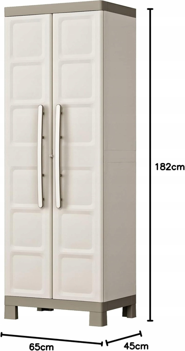 Keter Armario Excellence Escobero|Armario Escobero de almacenaje|Resina|2 Puertas y 4 baldas, 3 Regulables en Altura y 1 Fija|Color Arena/Gris|182 x 65 x 45 cm