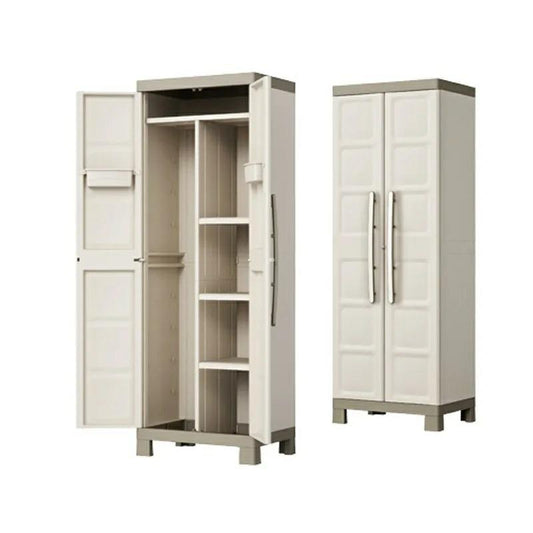 Keter Armario Excellence Escobero|Armario Escobero de almacenaje|Resina|2 Puertas y 4 baldas, 3 Regulables en Altura y 1 Fija|Color Arena/Gris|182 x 65 x 45 cm