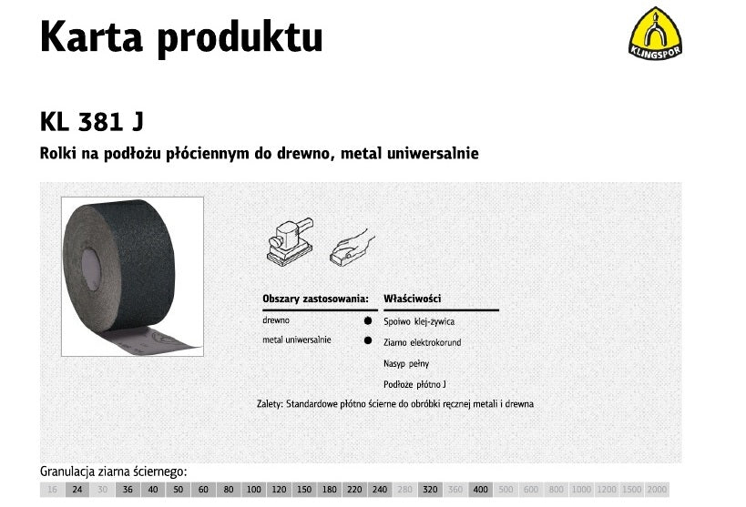 Klingspor 266363 - Rollo de tela abrasiva KL 381 J, grano 180, 200 mm x 50 m