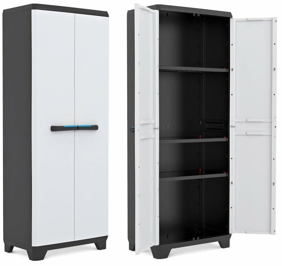 Keter Armario Linear Alto|Armario Alto de almacenaje|Resina|2 Puertas y 3 baldas|Color Negro/Gris,Tiradores En Azul|68 x 39 x 173 cm