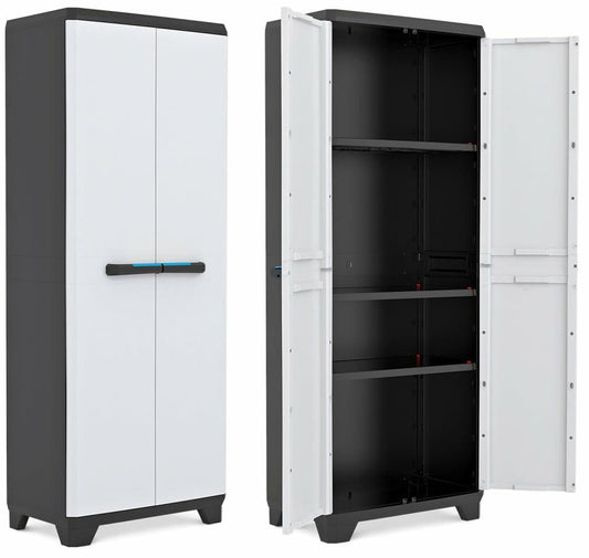 Keter Armario Linear Alto|Armario Alto de almacenaje|Resina|2 Puertas y 3 baldas|Color Negro/Gris,Tiradores En Azul|68 x 39 x 173 cm