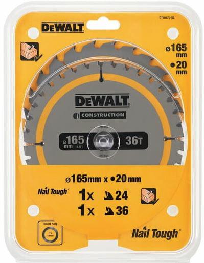 Dewalt DT90270 - Hoja de sierra circular para construcción, 2 unidades, 165 x 20 mm x 24T/36T