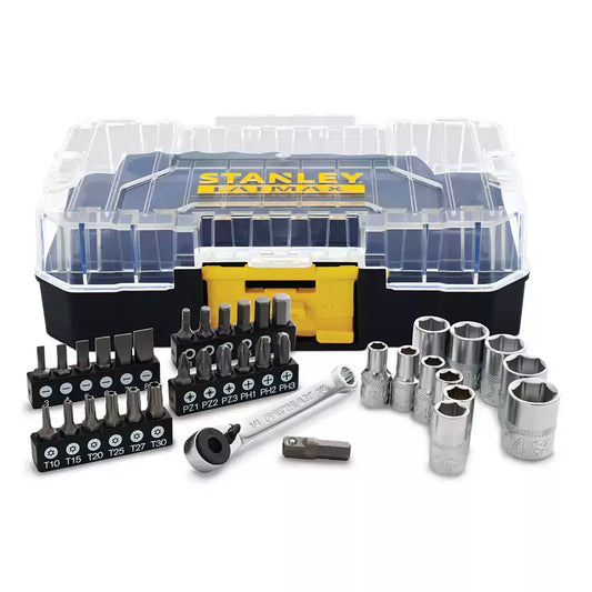 Stanley FMMT19101-0 FatMax - Juego de 37 piezas (1/4", en maletín pequeño, compatible con el sistema T-STAK, incluye llave de carraca, vasos, puntas y portapuntas), color negro y amarillo