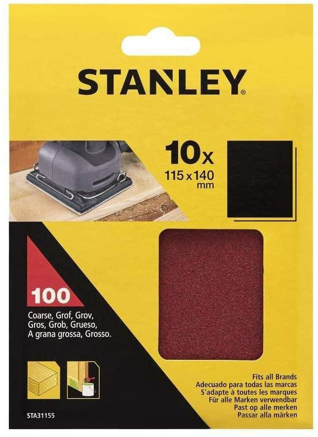 STANLEY STA31155-XJ - 10 hojas de lija sin perforar. 1/4 (115 x 140mm). Grano 60. Madera, pintura y baniz.