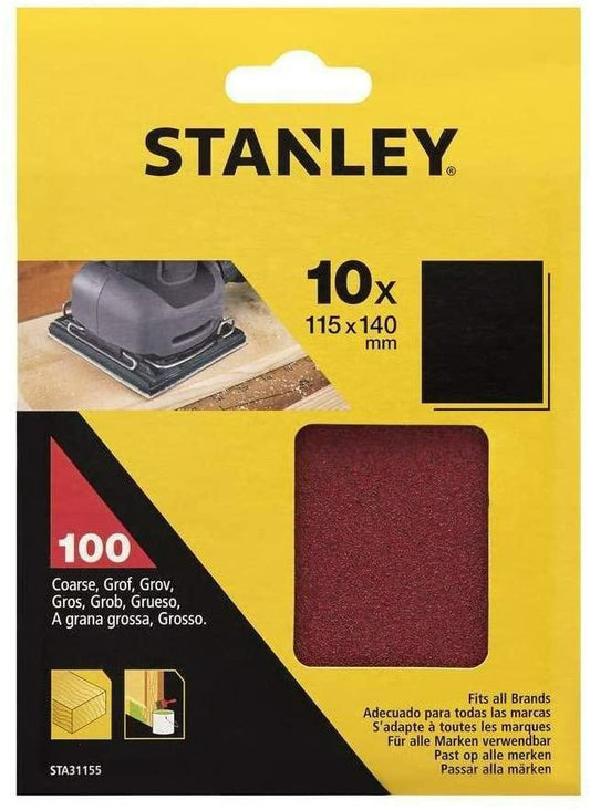 STANLEY STA31155-XJ - 10 hojas de lija sin perforar. 1/4 (115 x 140mm). Grano 60. Madera, pintura y baniz.