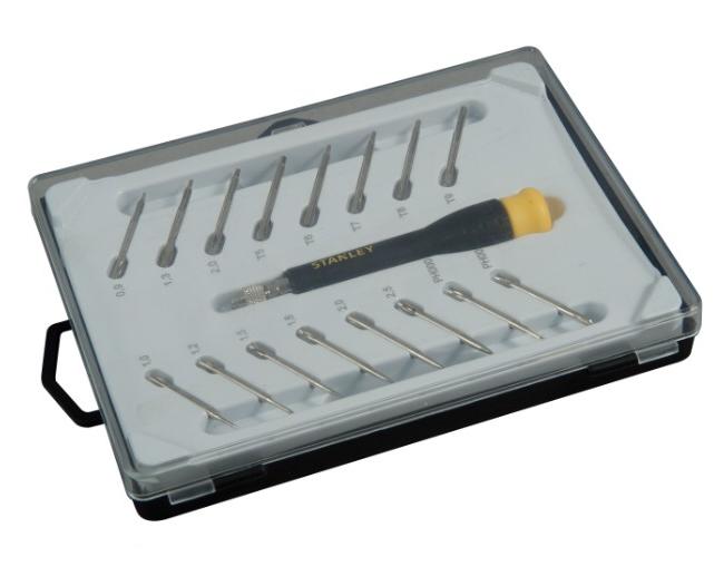 Stanley STHT0-62633 - Juego destornillador de precisión. 16 puntas intercambiables. Planas 1, 1.2, 1.5, 1.8, 2, 2.5. Phillips PH000 y PH00. Torx T5, T6, T7 y T8. Hexagonales 0.9, 1.3, 1.5 y 2