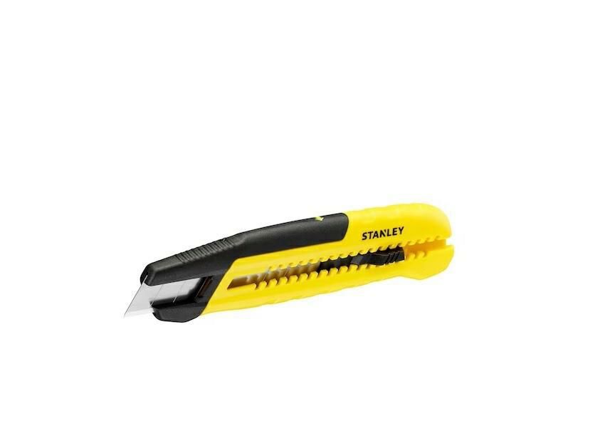 Stanley Cuchillo deslizante a presión con rompedor de cuchillas de 18 mm, mecanismo de rotura integrado que te permite romper de forma segura segmentos de hoja roma, ahorrando tiempo y asegurando la