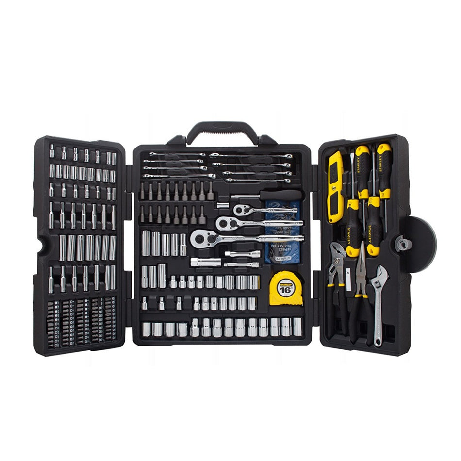 STANLEY STHT5-73795 - Juego de herramientas mecánicas 210 piezas, Cuchillo, Cinta métrica de 5m, Destornillador, Llave ajustable, Alicates, Llaves hexagonales, Puntas de destornillador, Acabado cromado