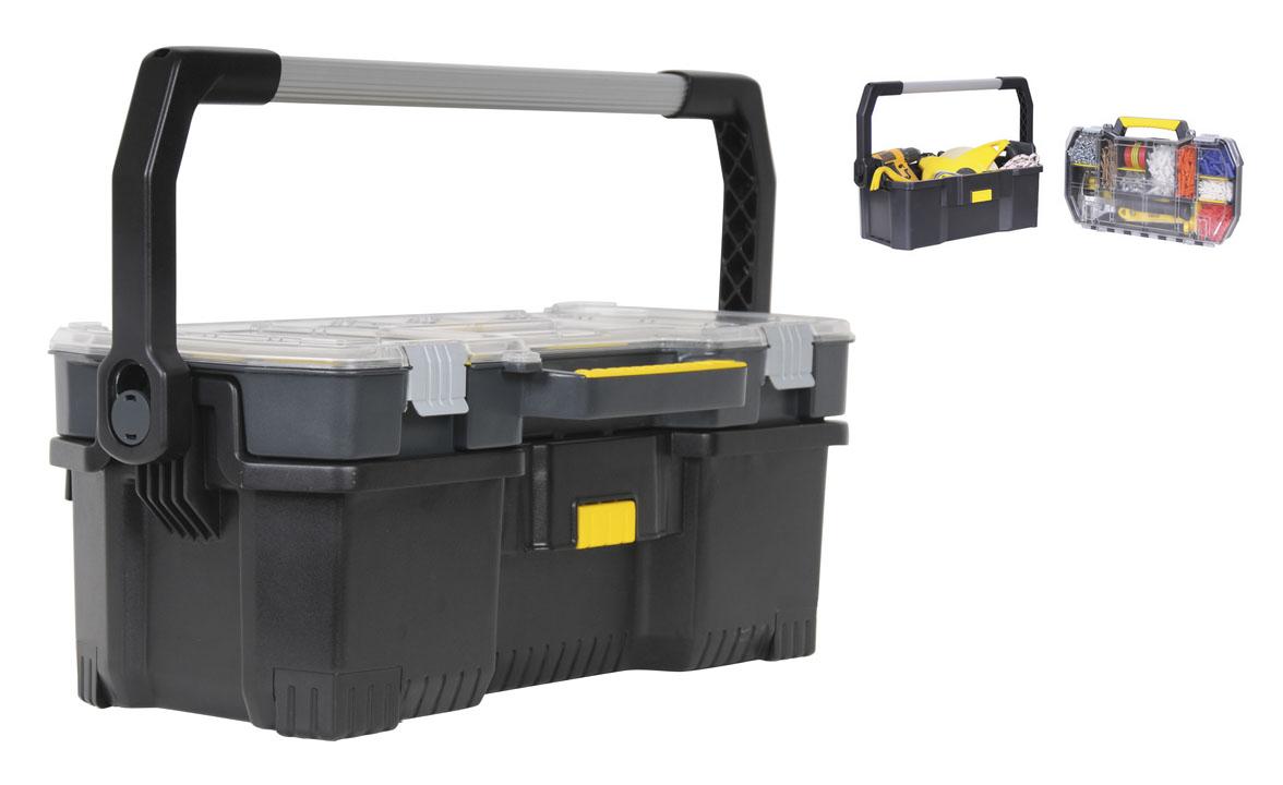 STANLEY Caja de Herramientas con Organizador, 32x55.6x24.9 cm, Compatible con Taller Móvil Modular, Compartimentos Modulables, Tapa Transparente, Asa Extra Larga, Cierres Metálicos, STST1-70317