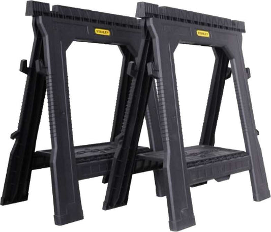 STANLEY Pack de 2 caballetes plegables, soporta 454 kg por pareja, ligeros y portátiles, ranura en V integrada, bandeja para herramientas, dimensiones 69.3x10.5x81.5 cm, STST1-70713