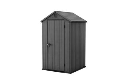 KETER Darwin 4x4 Caseta de jardín, 125.8 x 117 x 205 cm y 1.4 m2, Suelo, Sistema de ventilación, Puerta y Ventana, Resistente al Agua, Color Gris