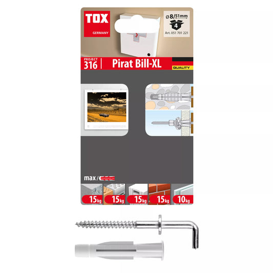 Tox 051701221 - Blíster de 4 tacos TRIKA 8x51 mm + gancho H-D Forma 22