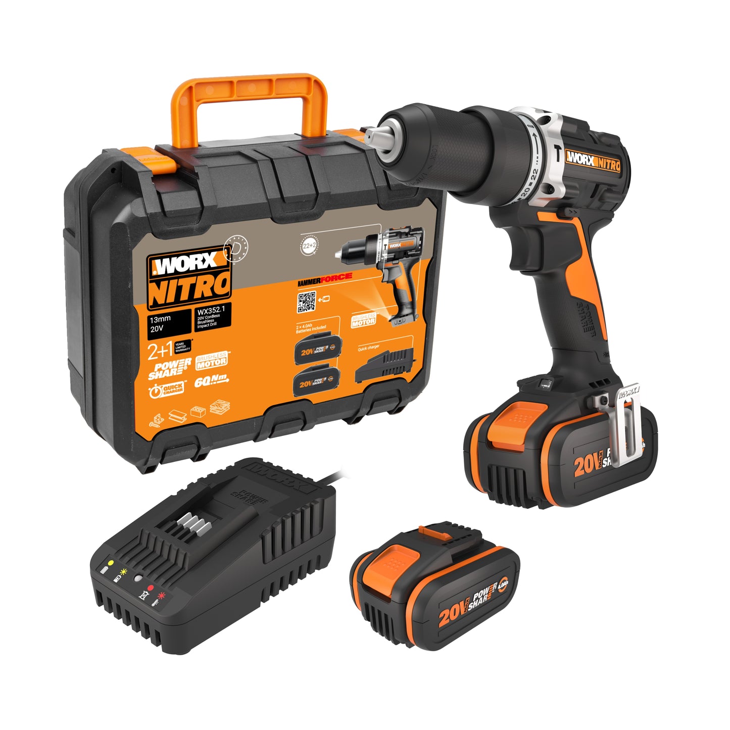 Worx WX352.1 - Taladro percutor BL NITRO 20V (2bat 4,0Ah) 60Nm